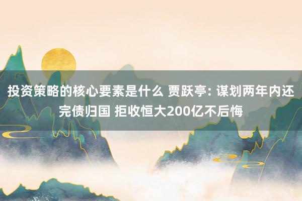 投资策略的核心要素是什么 贾跃亭: 谋划两年内还完债归国 拒收恒大200亿不后悔