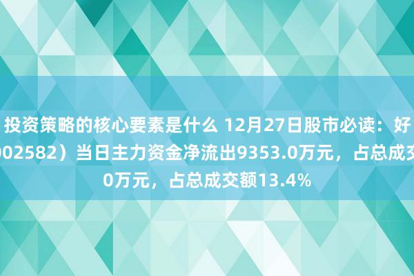 投资策略的核心要素是什么 12月27日股市必读：好念念你（002582）当日主力资金净流出9353.0万元，占总成交额13.4%