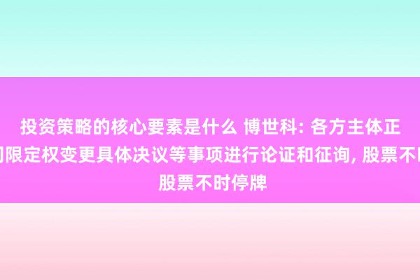 投资策略的核心要素是什么 博世科: 各方主体正就公司限定权变更具体决议等事项进行论证和征询, 股票不时停牌